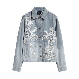 Desigual26春夏新品牛仔蕾丝镂空拼接贴布绣渐变女式外套
