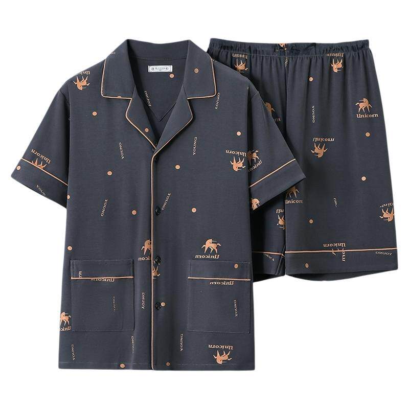 男士睡衣夏季纯棉短袖短裤薄款加肥加大中老年爸爸夏款家居服套装