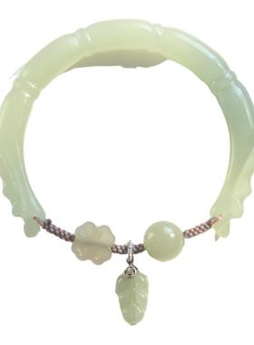 晴水和田玉手镯女雕刻竹节龙头