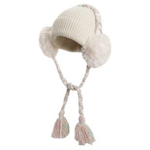 卡蒙帽子耳罩一体防风保暖针织帽护耳帽女士冬毛球毛线帽白色耳包