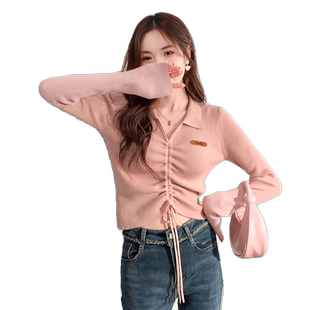 唐狮粉色抽绳翻领针织衫秋冬修身短款打底衫女甜辣气质毛衣