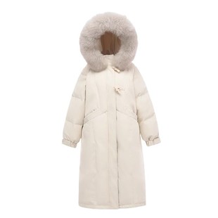 2025年冬季纯色宽松显瘦韩版牛角扣小个子中长款羽绒服连帽外套女