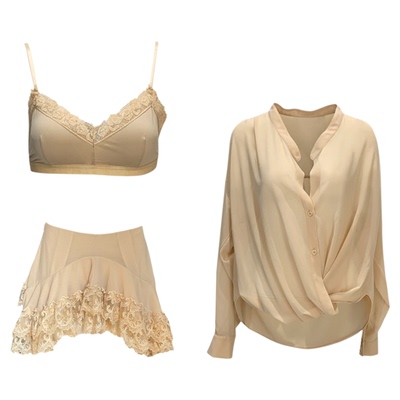 松弛感蕾丝吊带衬衫短裙套装