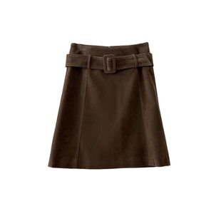 美拉德麂皮绒中裙女秋冬乌木棕色A字包臀半身裙设计感直筒短裙子