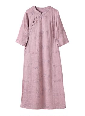 夏季国风苎麻绣花盘扣旗袍裙