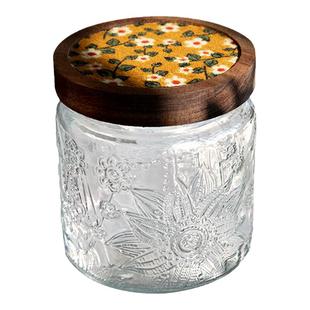 复古黄花瘦布头茶叶罐储物罐子食品级密封罐 | 复古浮雕玻璃罐4号