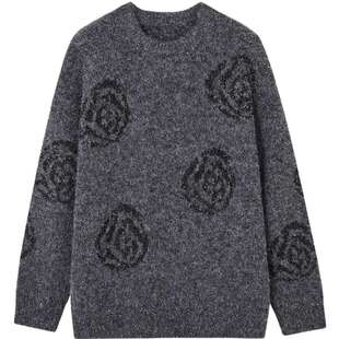 德玛纳浪漫亮片玫瑰圆领针织衫女春秋新款软糯慵懒宽松线衫上衣