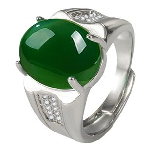 925纯银时尚复古活口绿色玉髓轻奢小众高级感男玛瑙宝石戒指夸张