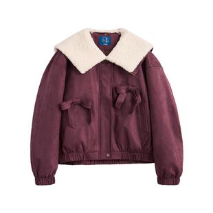 紫涵短款羊羔绒大翻领羽绒服女2025年冬季新款甜美蝴蝶结鸭绒外套