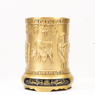 小铜记黄铜五牛笔筒文房四宝摆件书房办公室收纳装饰品铜工艺礼品