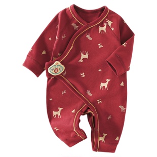 婴儿连体衣春秋新生儿纯棉红新年衣服宝宝大红色满月服小月龄爬服