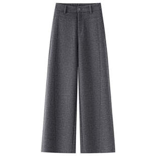 拉夏贝尔超好看羊绒阔腿九分裤女秋冬2025款显瘦羊毛呢直筒弯刀裤