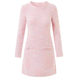 莱茵福莱尔2025春秋新款粉色圆领提花针织连衣裙修身A字裙子