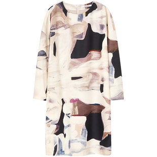 LANCY/朗姿2025冬新款气质羊毛莱赛尔直筒裙抽象印花长袖连衣裙秋