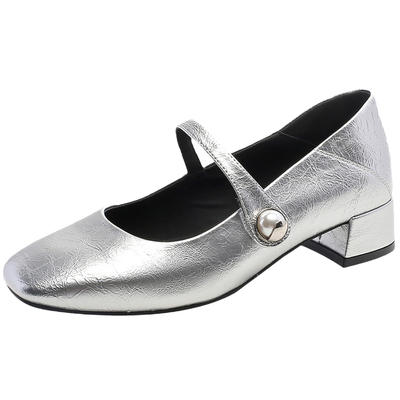 大东官方正品银色中跟玛丽珍单鞋