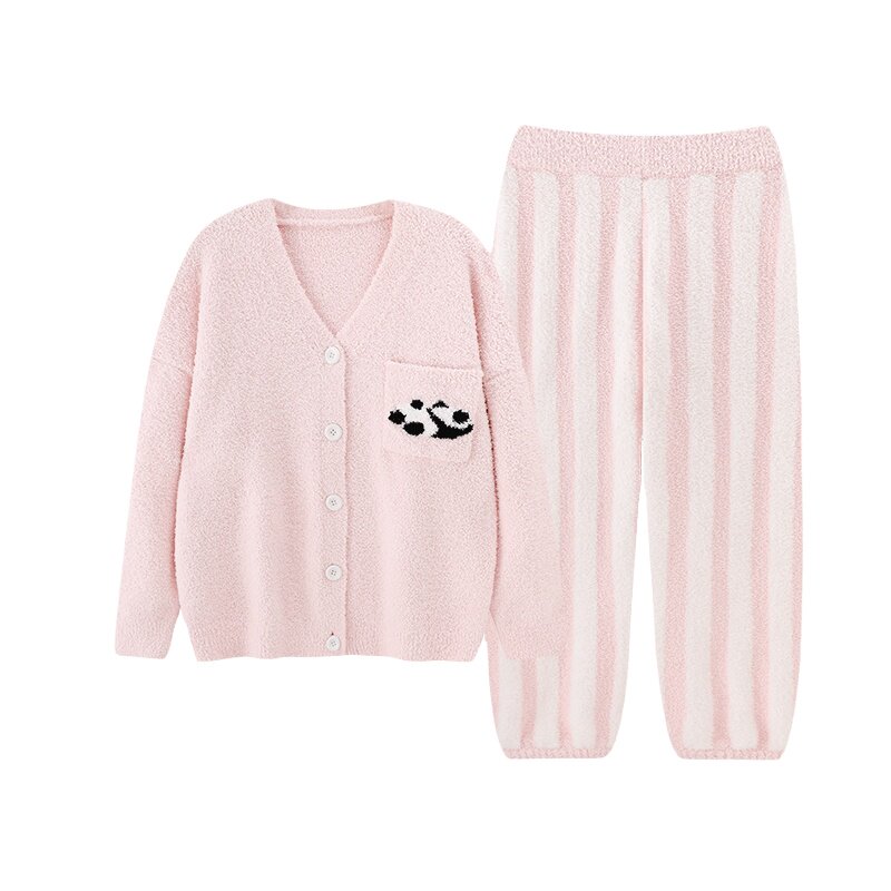 HEARMES 日系熊猫秋冬季睡衣女开衫软绵绵加厚半边绒可外穿家居服