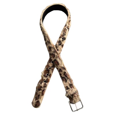 Vanan棕色毛绒豹纹腰带y2k时尚复古单品男女同款设计感金属针扣带