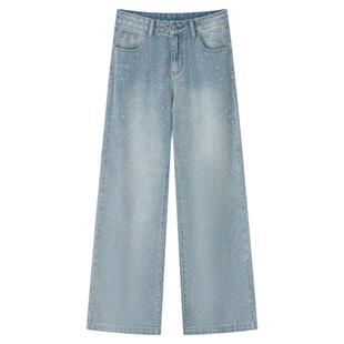 拉夏贝尔重工烫钻爆闪牛仔裤女2026春秋新款满天星高腰显瘦阔腿裤