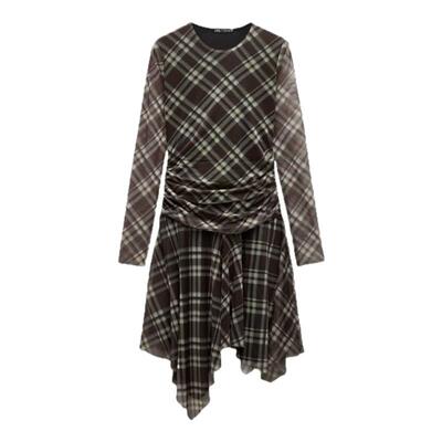 ins短款修身格子褶皱绢网连衣裙