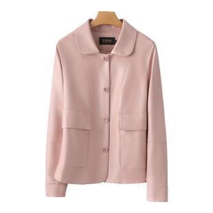 绵羊皮外套女士短款翻领韩版宽松粉色减龄真皮夹克海宁新款女皮衣