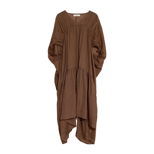 InchLim 工匠感微透褶皱连衣裙 苎麻气球廓形流线分割裙子