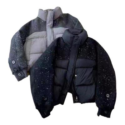 粉奈悦韩版短款毛呢拼接棉衣