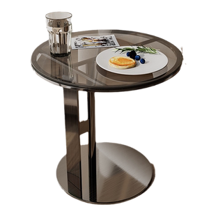 客厅沙发小边几带灯轻奢现代简约岩板高级感玻璃茶几床头创意边桌