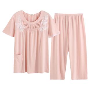 罗丝美春夏新款 圆领套头短袖九分裤套装棉加莫代尔材质12065