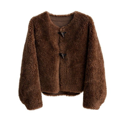 休闲全羊毛2025新款宽松圆领皮草