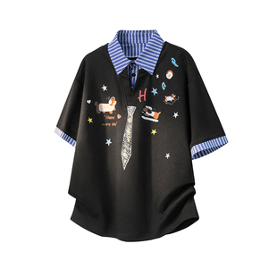 学院风短袖POLO衫男士夏季薄款透气宽松假两件印花衬衫领休闲T恤