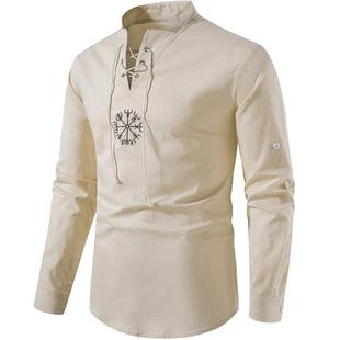 2025春秋立领衫长袖休闲中青年男士中国风T恤个性绑绳体恤薄上衣