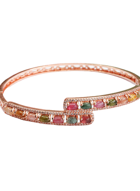 天然碧玺手镯糖果手环巴西宝石珠宝开口镯子新中式民族风手饰品