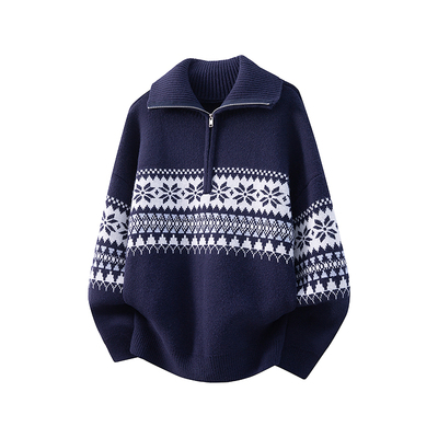 美式复古费尔岛提花半拉链高领针织衫男女宽松休闲红色毛衣情侣款