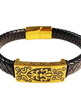 大扁扣时尚潮牌黑皮男手绳手环手饰仿黄金同款刺青宽面男骑士手链