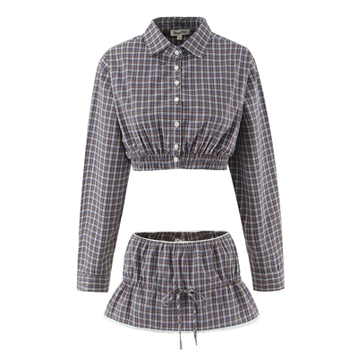 高腰露脐长袖格子衬衫超短半身裙