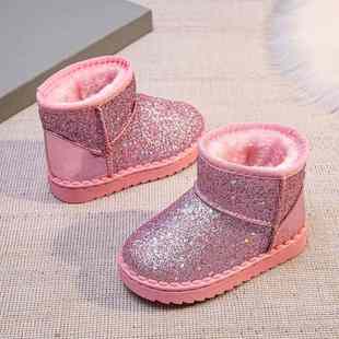 女童雪地靴2024冬季新款时尚儿童鞋亮片公主鞋保暖短靴子加绒棉鞋