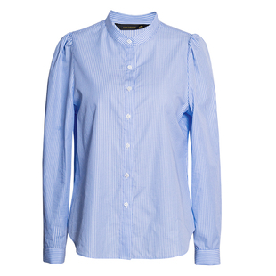 罗衣知性立领条纹衬衫女春时尚职业百搭修身衬衣泡泡袖上衣11600