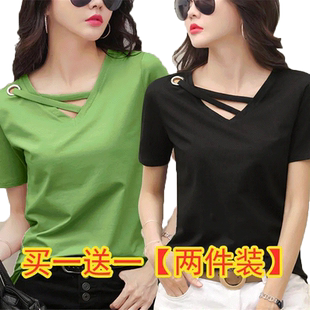 单/两件装 纯色套头夏季新款洋气V领短袖t恤女学生宽松大码上衣服