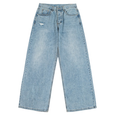 PL日系复古水洗破坏冰蓝色牛仔裤