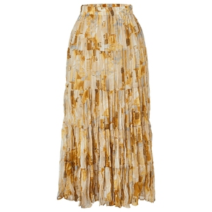 马天奴2025秋冬新款松紧腰印花雪纺半身裙半裙子百褶长裙时尚百搭