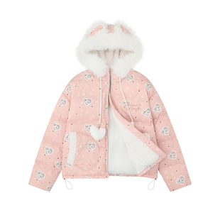 DARKAGE趣味满印斑点狗毛领连帽棉服外套女冬季短款加厚保暖棉衣