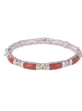 山予棠S925纯银镀金和田玉碧玉南红复古唐草纹镂空无事牌手镯手环