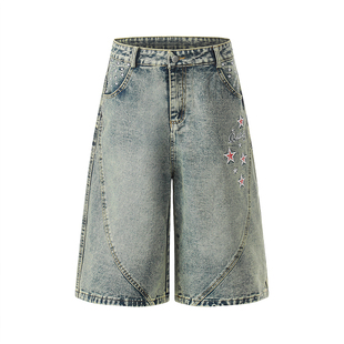 ZRSEE美式复古星星刺绣牛仔七分裤女夏季宽松直筒街头休闲中裤子