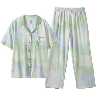 玛伦萨【5A抗菌】纯棉睡衣女夏季薄款印染短袖长裤套装女士家居服