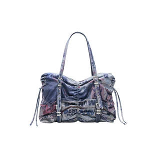 Desigual牛仔印花绑带装饰可调节肩带单肩手提包