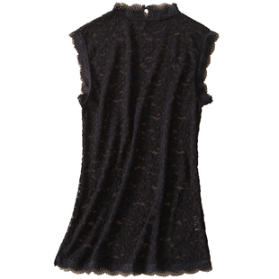 一眼爱上春夏秋小立领薄内搭蕾丝无袖镂空背心黑白上衣打底衫女