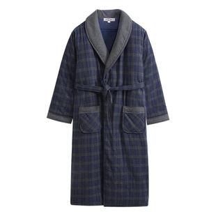 美标秋冬男士三层加厚保暖夹棉睡衣纯棉睡袍全棉质休闲格子家居服