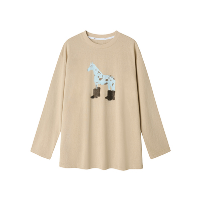 Uena卡其色小马印花烫钻长袖T恤