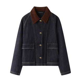 拉夏贝尔/La Chapelle复古撞色翻领牛仔外套女秋冬季休闲夹克上衣