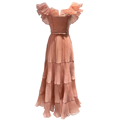 【塞纳黄昏】熊熊私服 V领一字肩收腰荷叶边压褶连衣裙长裙